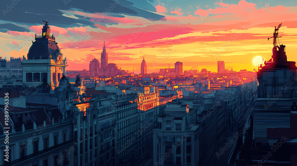 Obraz premium Madrid skyline at sunset with gran via. Urban Rooftop Skyline. Illustration