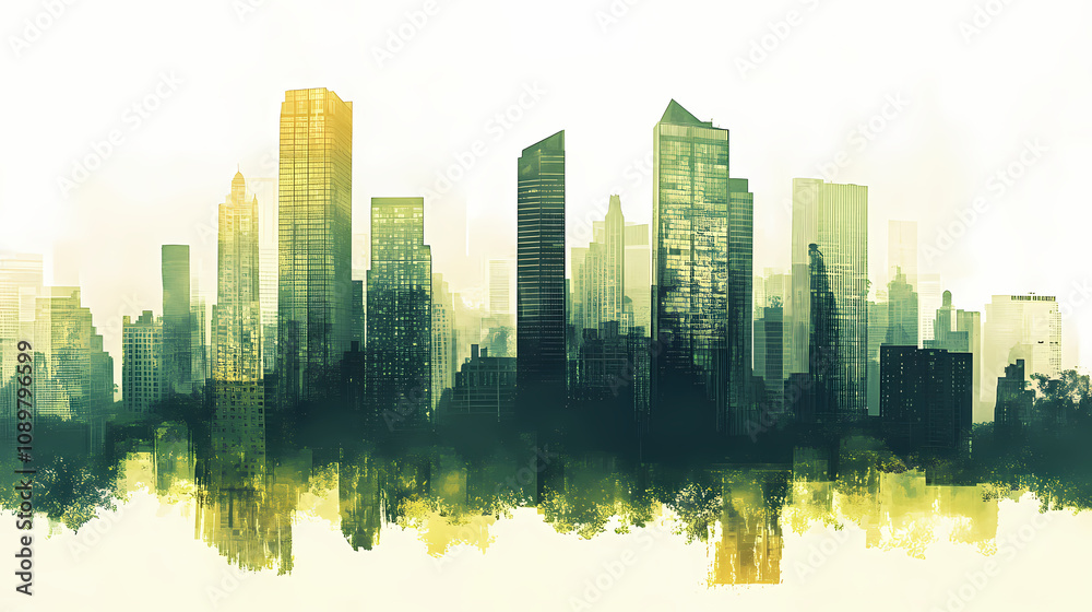 Fototapeta premium Double exposure silhouette of city view with green rooftops and buildings, sustainable urban living, vibrant palette. Urban Rooftop Skyline. Illustration