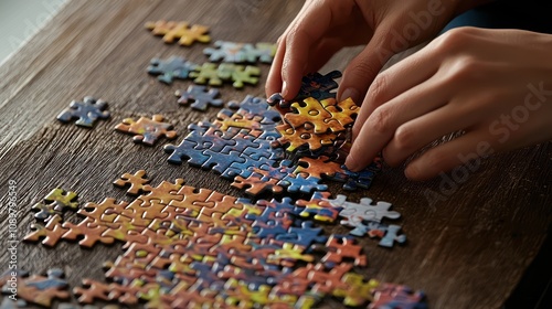 Puzzle Assembly: A creative representation of hands assembling a puzzle on a wooden table.