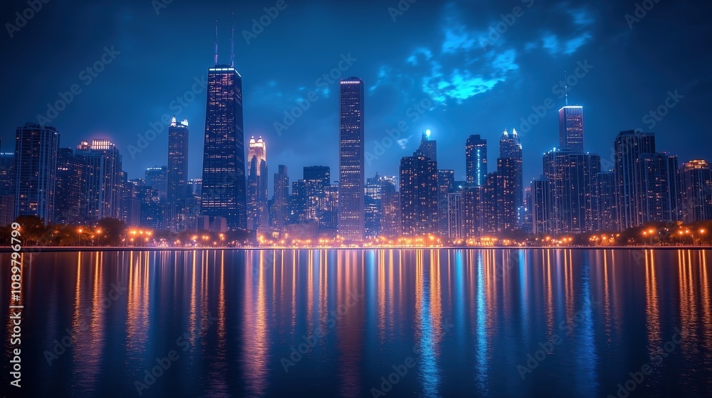 Fototapeta premium A panoramic view of an urban skyline at night, with the city lights