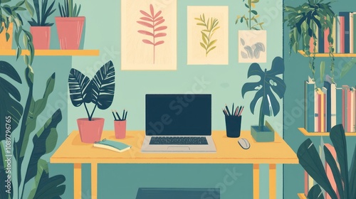 Remote Work Setup: A home office setup with a laptop, plants, and inspiring decor, illustrating remote work flexibility.