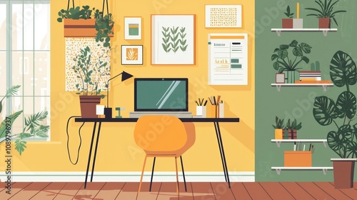 Remote Work Setup: A home office setup with a laptop, plants, and inspiring decor, illustrating remote work flexibility.