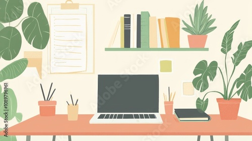 Remote Work Setup: A home office setup with a laptop, plants, and inspiring decor, illustrating remote work flexibility.
