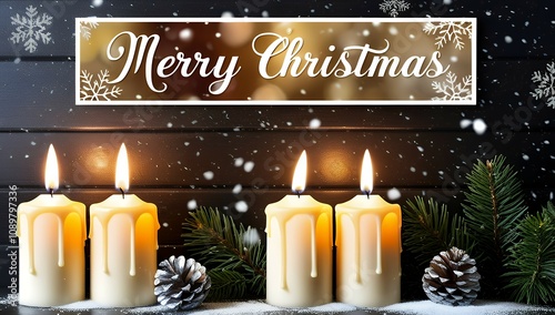 Elegant Merry Christmas Scene with Snowflakes, Candles, and Pinecones