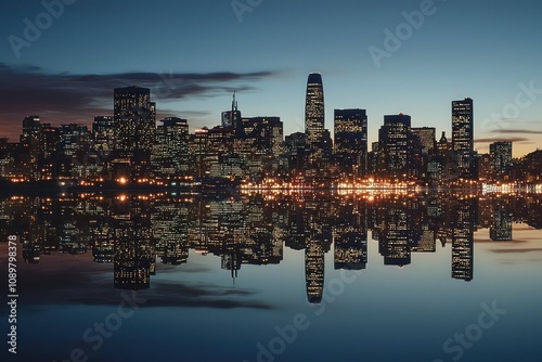 Skyline at dusk with mirror-like water reflections under a clear sky photo