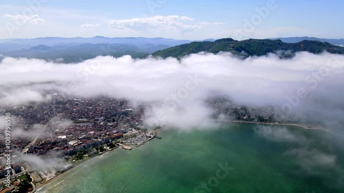 Aerial view of Ordu city in fog. Beautiful view of Boztepe and the city photo