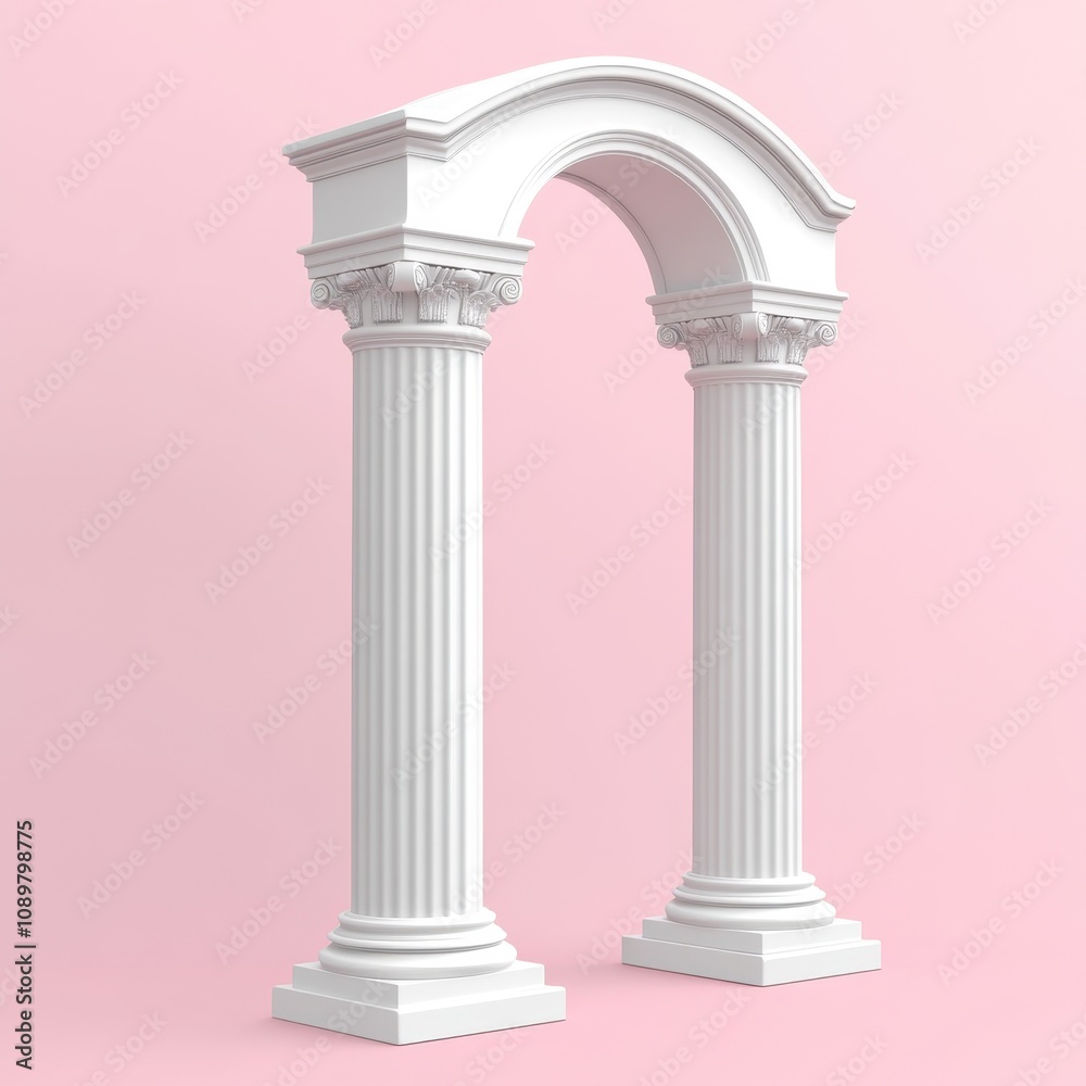 Obraz premium Elegant Grecian Arch with Ornate Ionic Columns on Pastel Pink Background