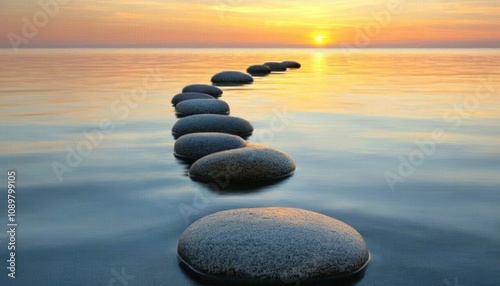 Smooth stones on calm water at sunset, creating a serene path