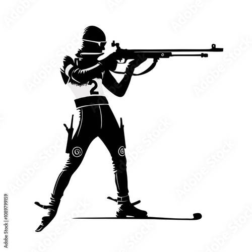 Biathlete aiming with a rifle silhouette in black, winter sports action