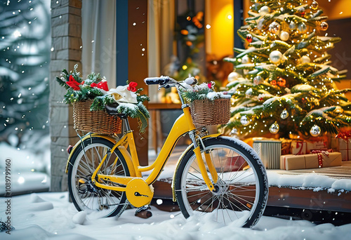 bicycle with basket of bright Christmas decorations and gifts parked near house decorated for Christmas with tree and sparkling garlands,