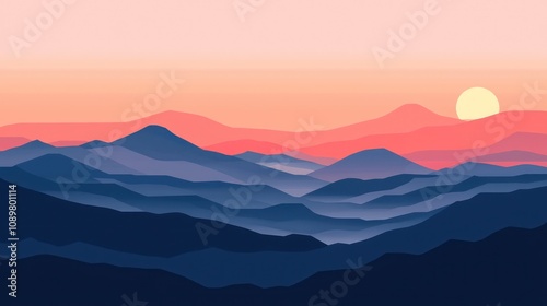Sunset hues casting a serene silhouette of layered mountains.