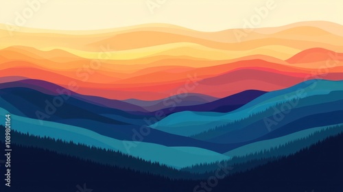 Sunset hues casting a serene silhouette of layered mountains.