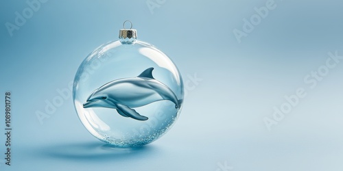 Transparent Christmas ball with dolphin inside it. Ai generative art