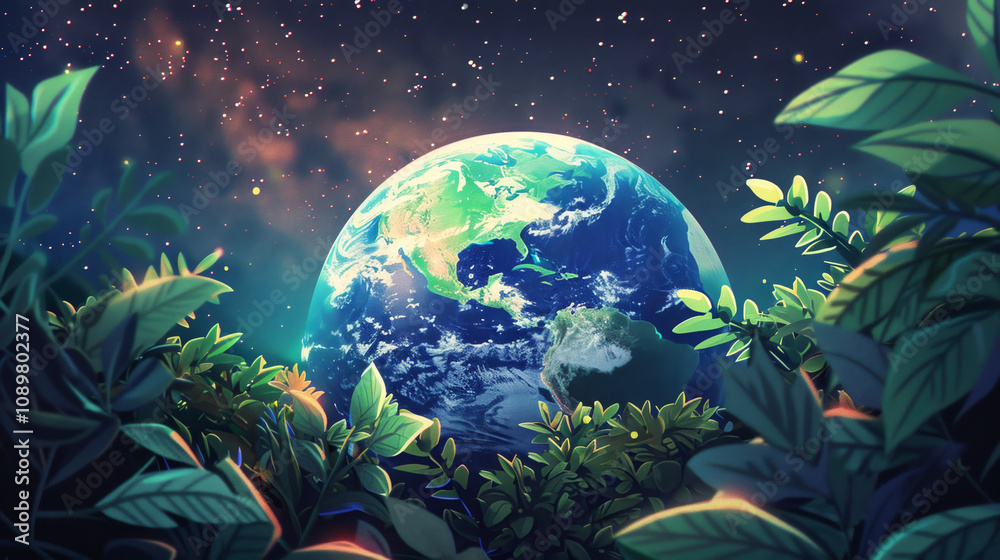 Fototapeta premium A green leafy forest with a large blue and green planet in the middle