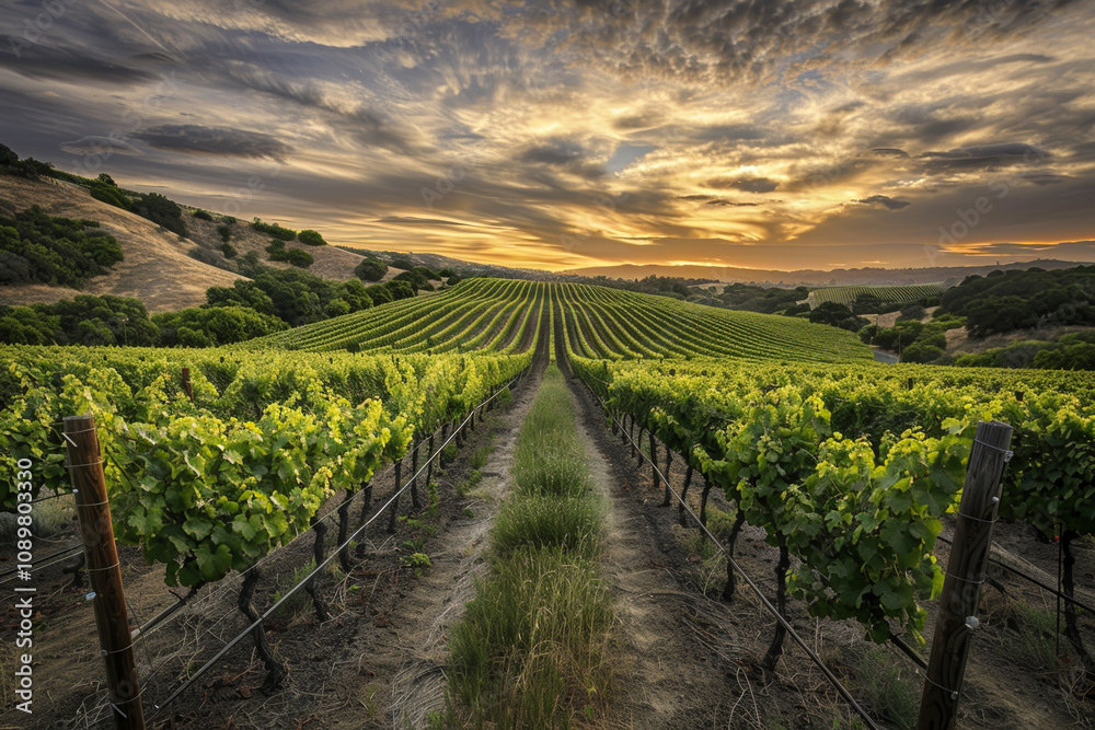 Fototapeta premium A vineyard with a beautiful sunset in the background