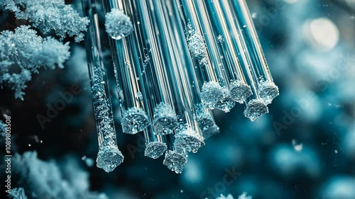 Detailed shot of a snow-covered wind chime, with the metal tubes outlined in frost and creating a sharp, cold texture. 4K Video