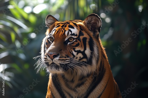 A majestic tiger with striking orange and black stripes gazes intently into the distance, its piercing amber eyes reflecting the wild beauty of its natural habitat.