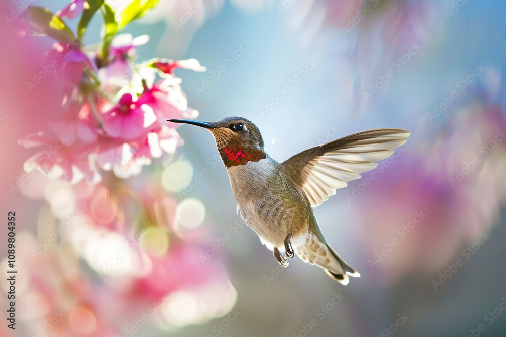 Obraz premium A hummingbird is flying over a pink flower