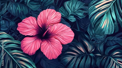 Vector tropical illustration of a pink hibiscus flower isolated.