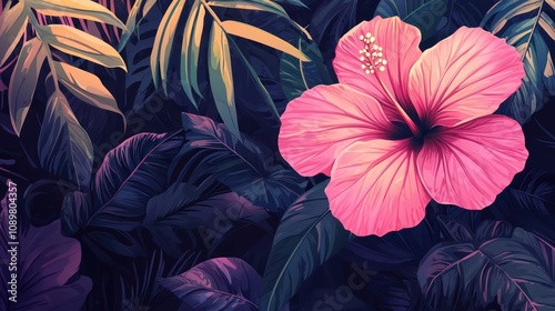 Vector tropical illustration of a pink hibiscus flower isolated.