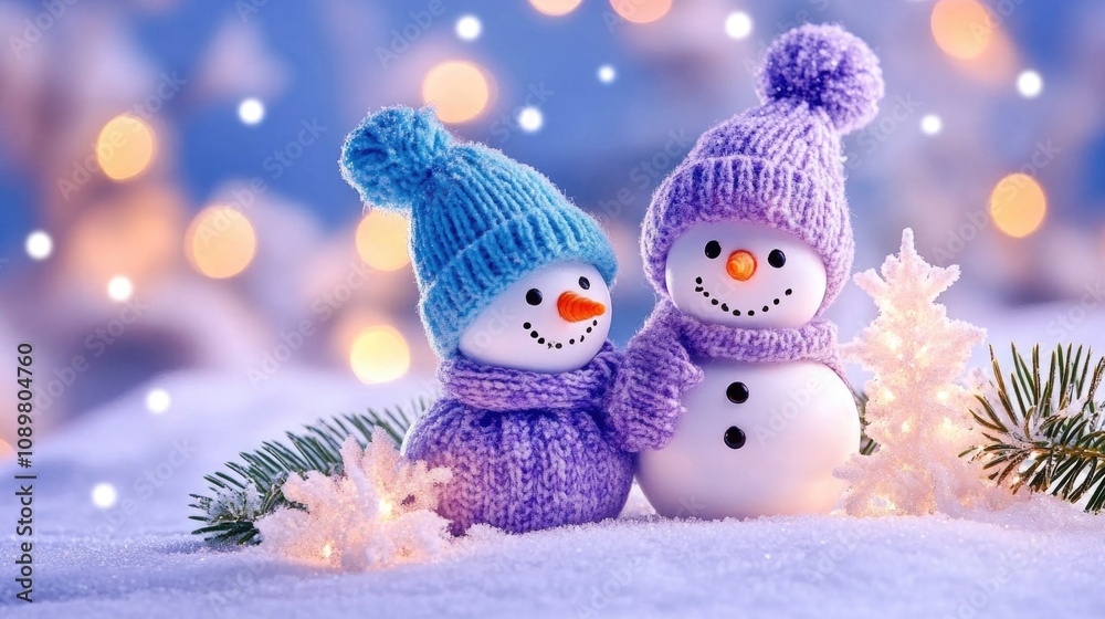 Obraz premium Adorable snowmen in winter wonderland with cozy knitted hats and scarves