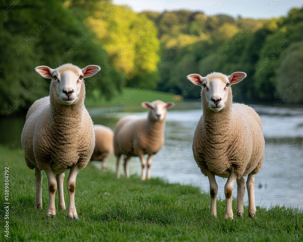Obraz premium Sheep grazing by riverbank countryside nature lush green environment close-up view