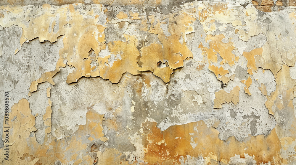 Fototapeta premium A dilapidated wall showcases layers of peeling paint and texture, reflecting years of neglect in an old, abandoned structure. The colors create a striking visual pattern