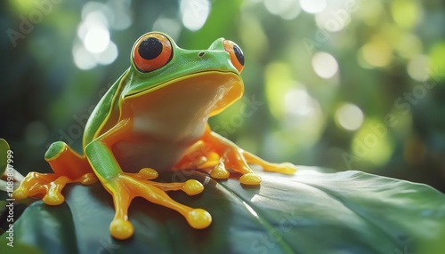 Golden-Eyed Leaf Frog: A Green Yellow Frog Perched On Leaves In Its Natural Habitat In Corcovado, Costa Rica. Tropic Forest Amphibian In Central America Wildlife. photo