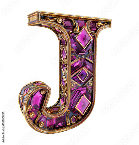 3d Rendering of Alphabet J made of gold coloured squares on white background High quality image photo