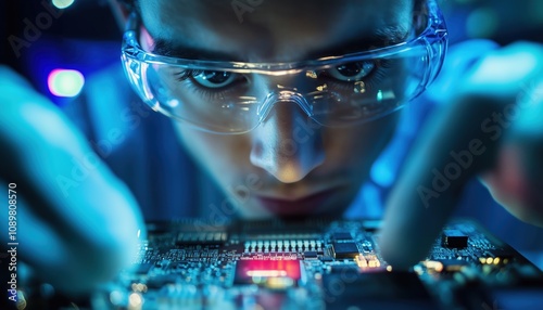 Scientist Studying A Microchip On A Motherboard: Exploring The Intricacies Of Technological Components Through Close Observation. photo