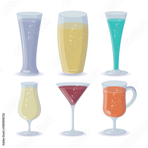 Collection of glasses for cocktails, drinks, water