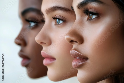 Three diverse female models posing together, flaunting perfect skin and expert makeup in a beauty campaign