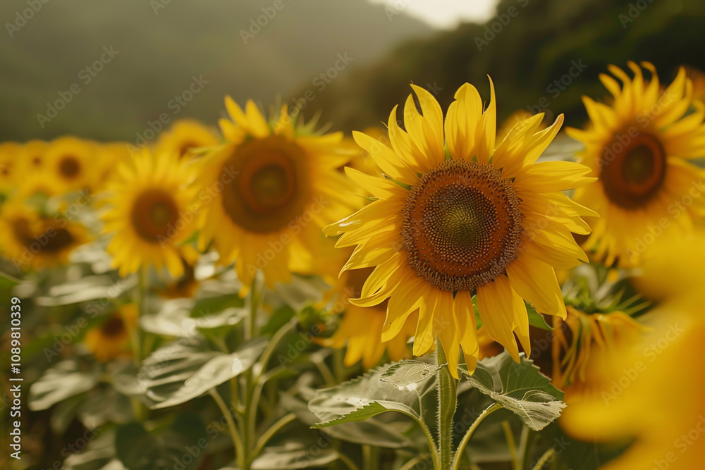 Fototapeta premium Bright sunflowers stand tall in a vibrant field as the warm light of late afternoon enhances their golden petals against a backdrop of rolling hills