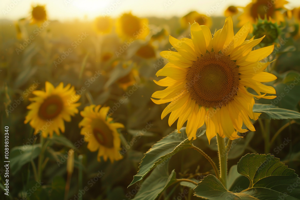 Obraz premium Bright sunflowers stretch toward the sun as dusk approaches, filling a rural landscape with vibrant yellow hues and creating a serene atmosphere
