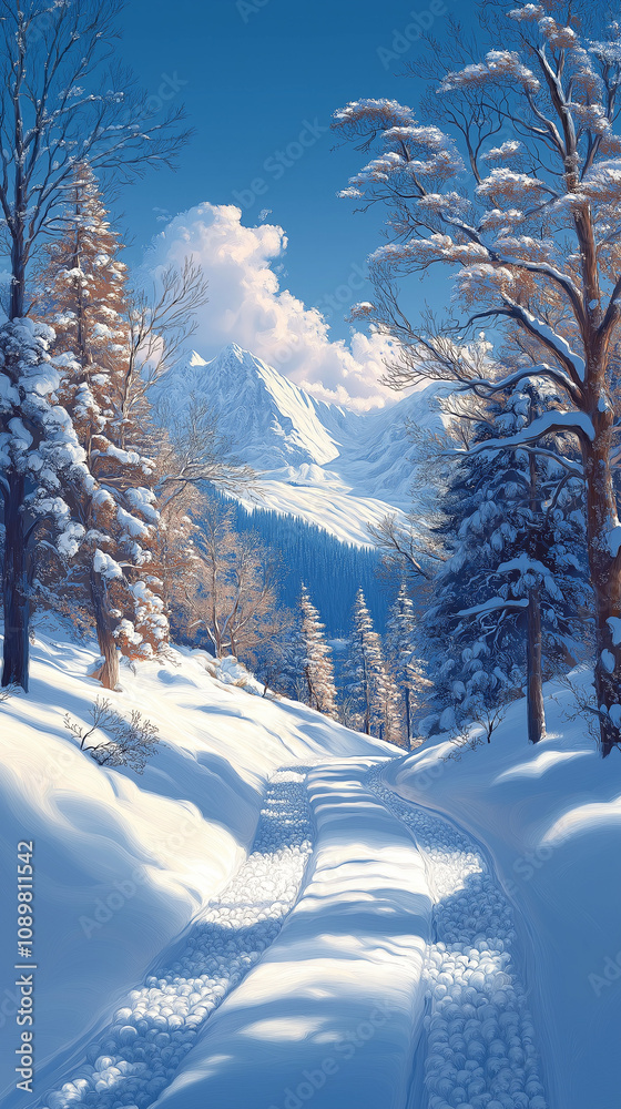 Fototapeta premium Winterliche Berglandschaft mit schneebedecktem Weg
