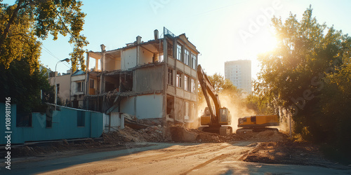 Demolition of Building with Excavator in Action. Heavy machinery tearing down structures, dust and debris in city setting photo