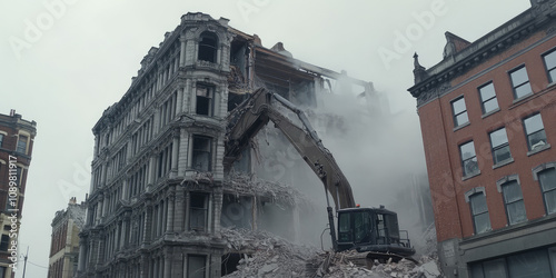 Demolition of Building with Excavator in Action. Heavy machinery tearing down structures, dust and debris in city setting photo