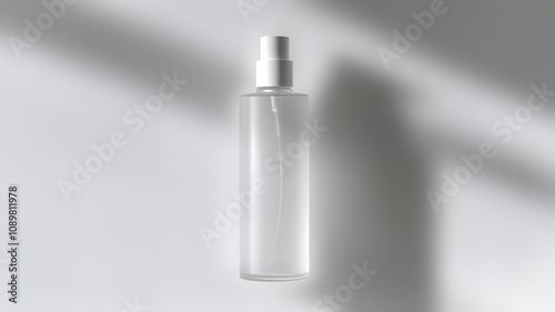 Cosmetics photo shoot for a single product displayed on clear background, natural light, spay, bottle, translucid