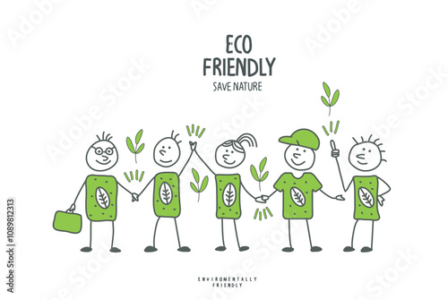 Vector hand drawn cartoon sketch of  environmentally conscious humans. Volunteer people take care about planet ecology. Protect nature and ecology banner. Environmentally friendly planet Concept.