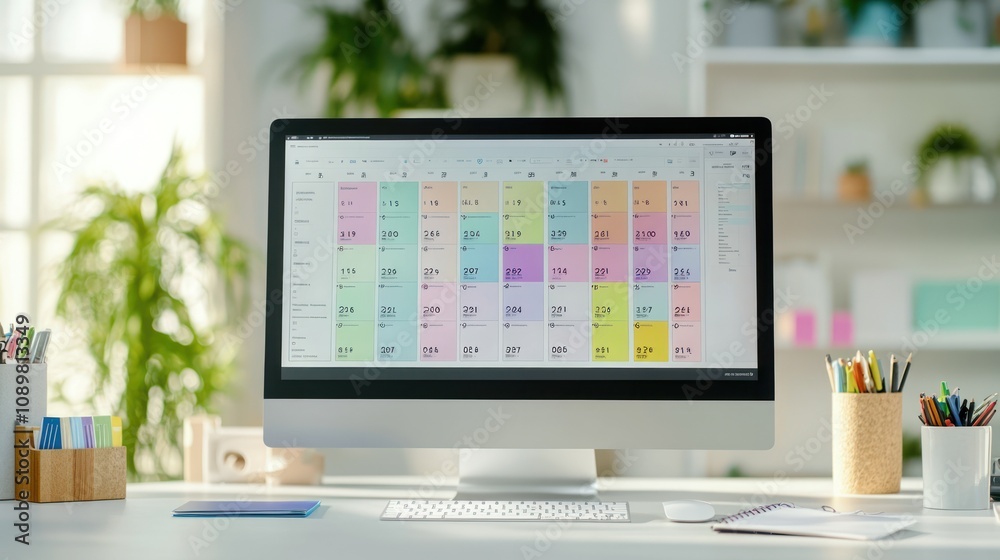 Fototapeta premium Modern Workplace - Digital Calendar on Computer Monitor