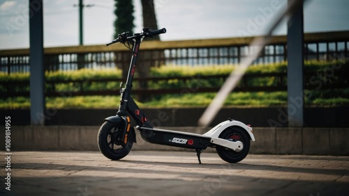 Rider effortlessly gliding through a busy city center on their electric scooter, highlighting its practicality and speed