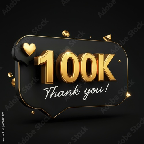 Golden '100K Thank You!' 3D letters with elegant heart icon, modern creative design for celebrating social media milestone achievement or gratitude event