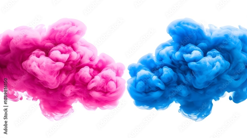 Fototapeta premium Abstract blue and pink ink swirling on a clear backdrop.