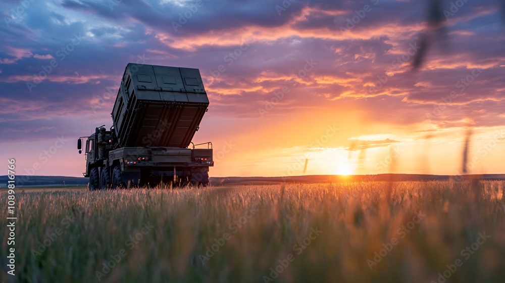 Obraz premium Military rocket launcher vehicle parked in a field at sunset. Focus on artillery, defense, and military readiness. Design for banners, posters, or artillery-related themes.