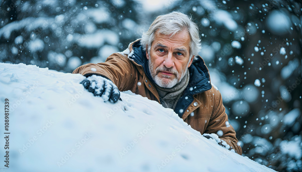 Portrait of elderly handsome man cleaning car from snow, old people, active seniors, seasonal background, Christmas time