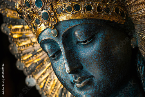 Aparecida statue detail showing intricate crown work, soft directional lighting highlighting metallic texture. photo