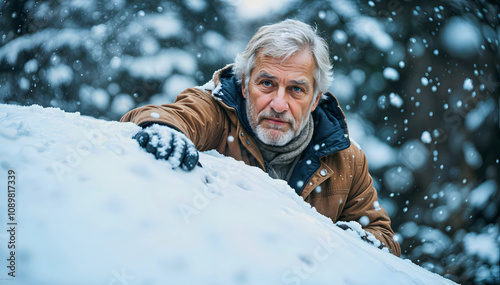 Obraz na płótnie Portrait of elderly handsome man cleaning car from snow, old people, active seniors, seasonal background, Christmas time w salonie