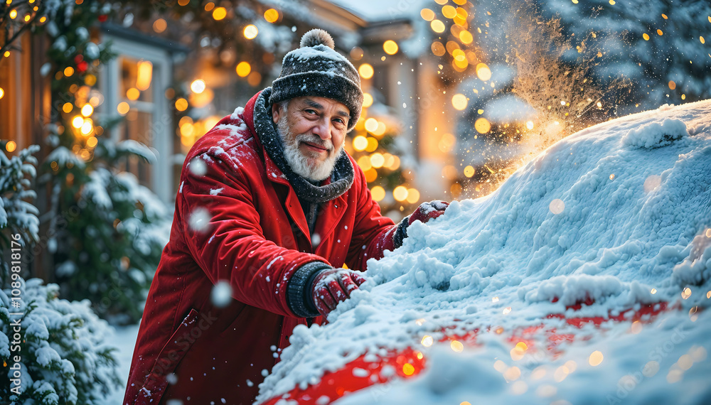 Portrait of elderly handsome man cleaning car from snow, old people, active seniors, seasonal background, Christmas time