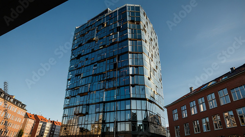 Low angle of Axel Towers, an iconic mixed-use office building in Copenhagen, Denmark