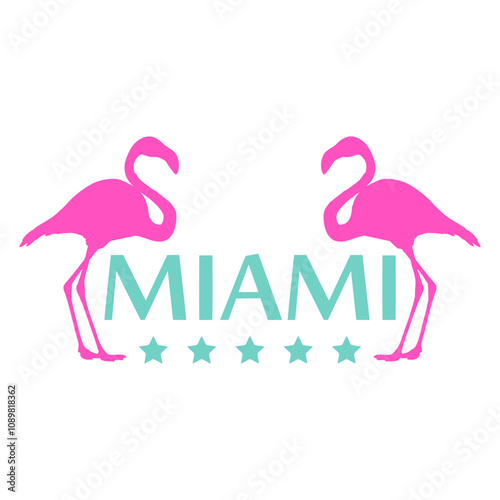 Miami USA Flamingo Bird America Florida Travel Fun Design Lover Art Vector Illustration Card T-Shirt Poster Sticker Graphic Print Decorative Drawing Isolated Logo Decoration Symbol Creative Cool Style